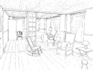 Conceptual Sketch, Living Room: Combined Parlor-Library